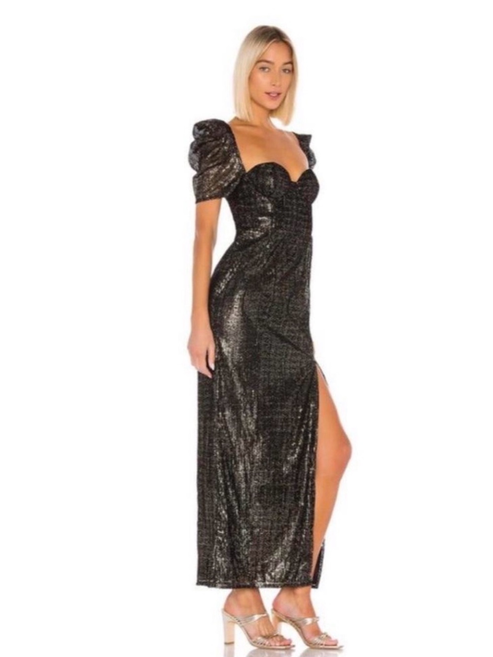 House of Harlow 1960 (Revolve) Black Metallic Sequin Puff-Sleeve Maxi Dress